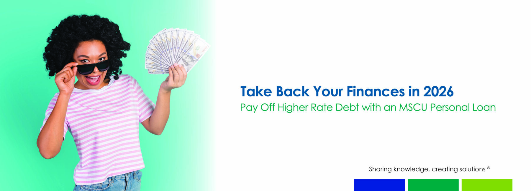 2026 Personal loan banner young female with fanned out cash in her hand